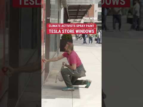 CAUGHT 'GREEN'-HANDED: Climate activists vandalize Tesla dealership on Earth Day #news #tesla #fox