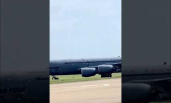 Damaged USAF KC‑135 refueling plane touching down at RAF Base